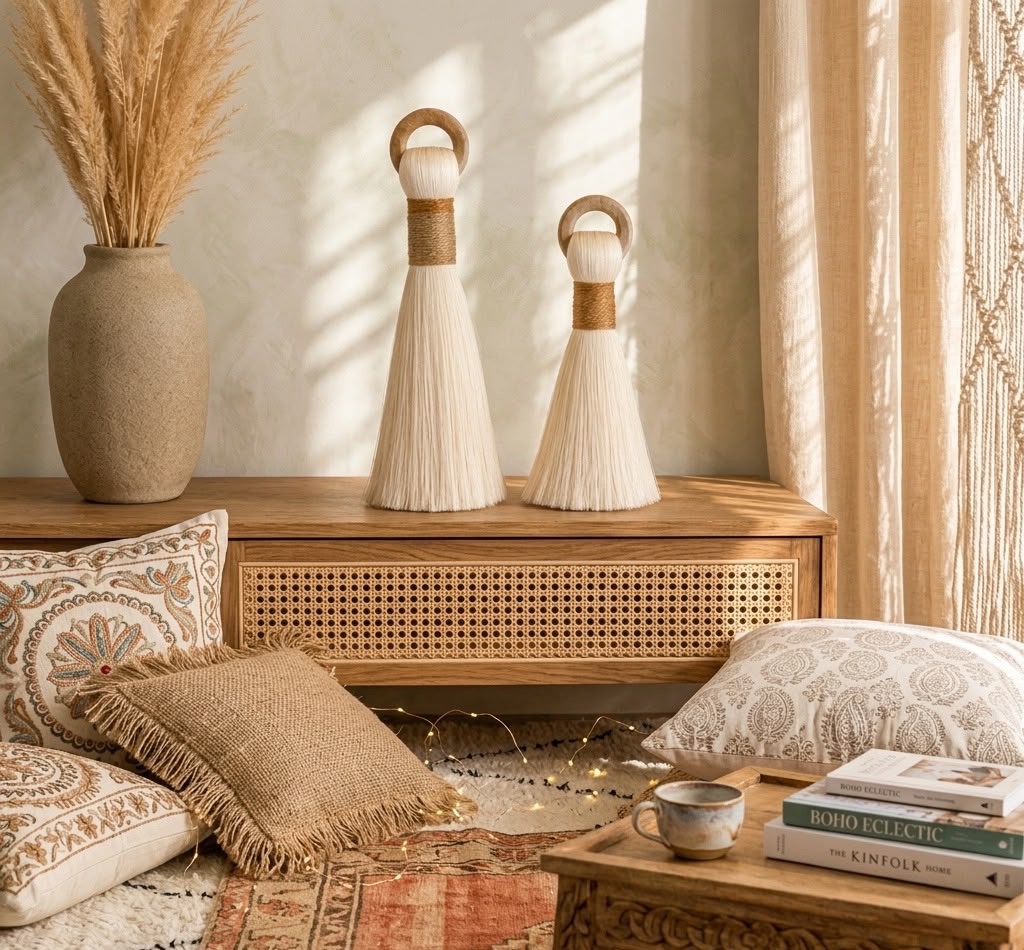Par de borlas naturales con aro de madera sobre una credenza, junto a cojines y un jarrón