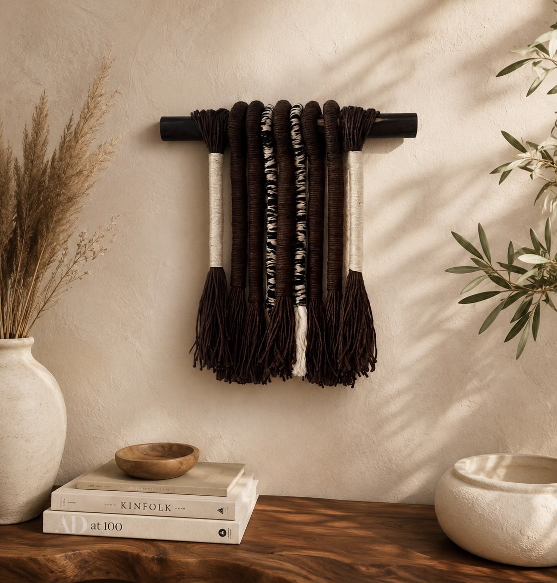 Tapiz chocolate con cordones jaspeados en una pared clara