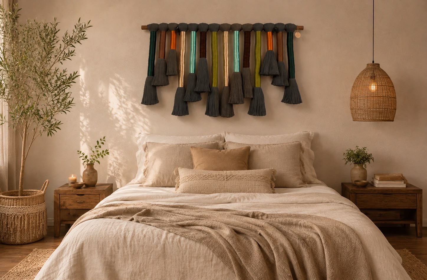 Tapiz de borlas gris carbón con cuellos de colores sobre una cama